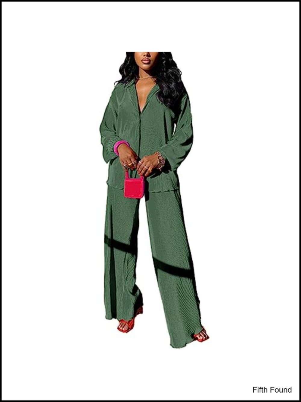 Women's 2 Piece Outfit Plisse Shirt Wide Leg Pants Set Casual Loose Fit